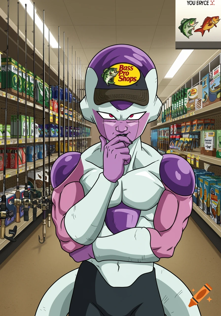 Frieza in final form, wearing a Bass Pro Shops cap, scratches his chin in a fishing aisle. Anime style.