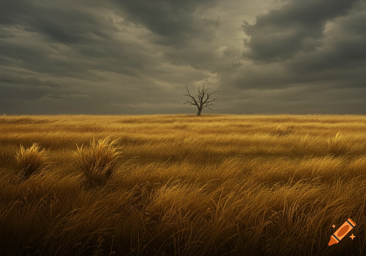 A desolate golden grass field under a dark, stormy sky, with a single barren tree standing in the distance.
