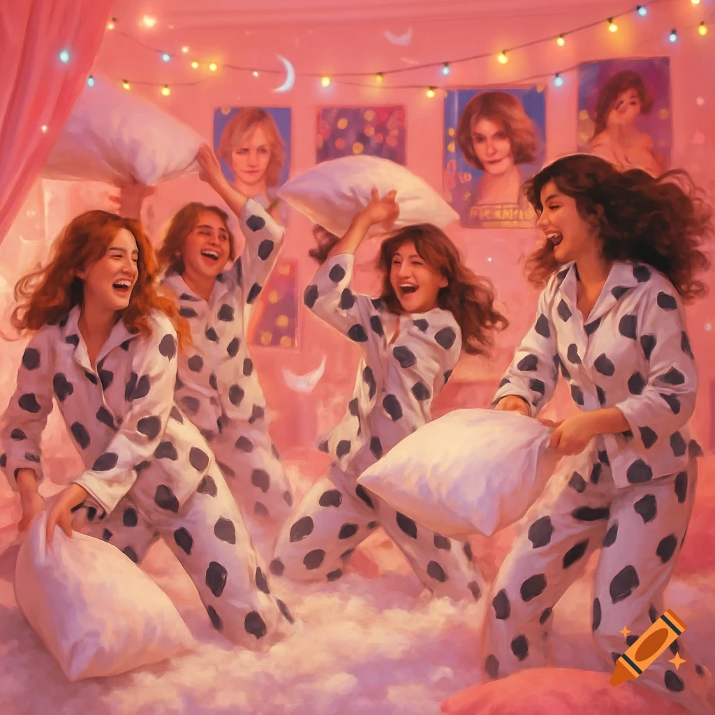 Four young women in polka dot pajamas having a lively pillow fight in a dreamy, pink bedroom filled with fluffy clouds.