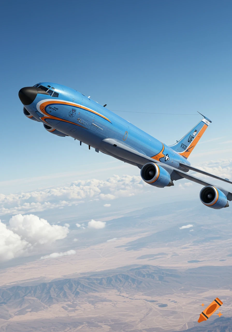 A blue and orange KC135r aircraft flying over a desert landscape with mountains under a clear blue sky.