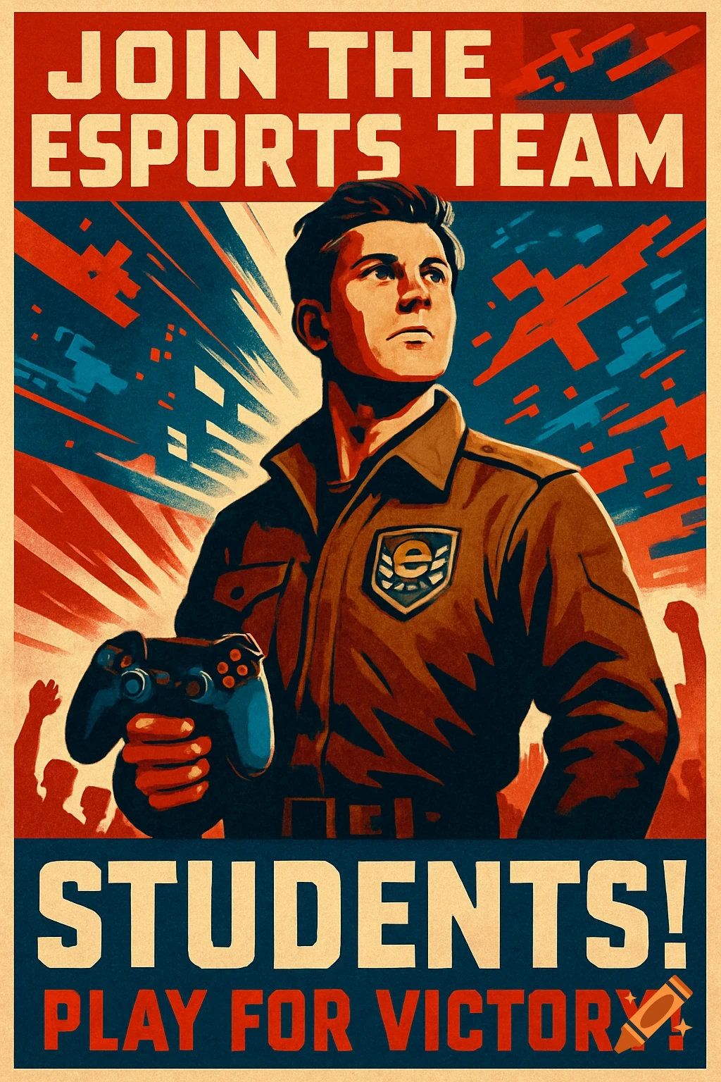 A WWII-style propaganda poster features a determined young man in a uniform holding a game controller, with text "JOIN THE ESPORTS TEAM STUDENTS! PLAY FOR VICTORY!" against a blue and red background.