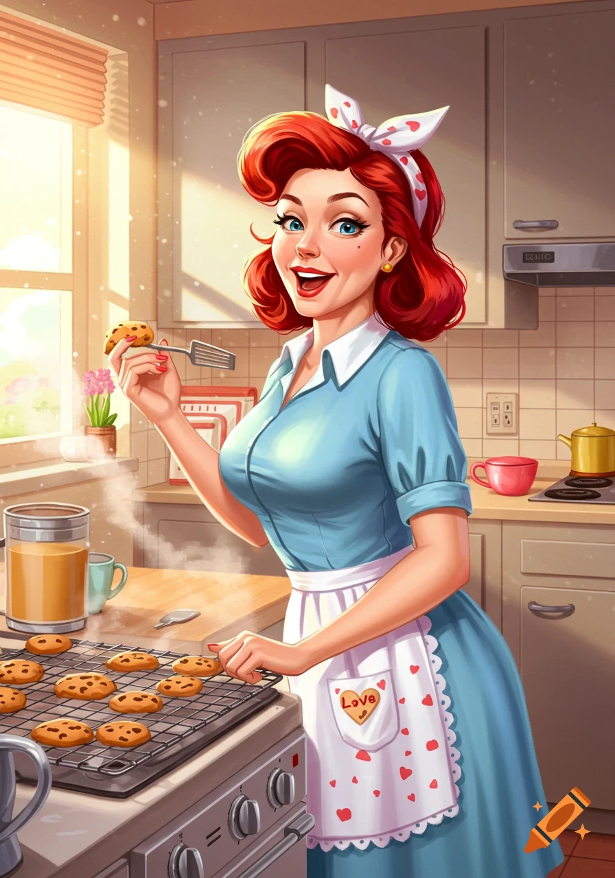 Cartoon woman with red hair in a blue dress and apron, smiling while holding a cookie in a bright kitchen.