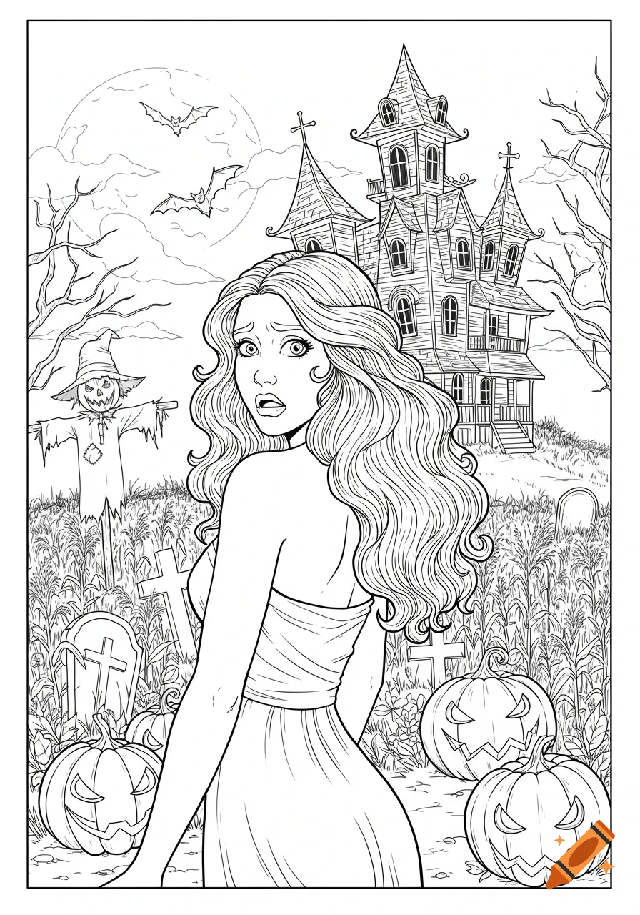 A black and white line drawing of a scared woman looking over her shoulder at a haunted house, scarecrow, pumpkins, and bats on a full moon Halloween night.