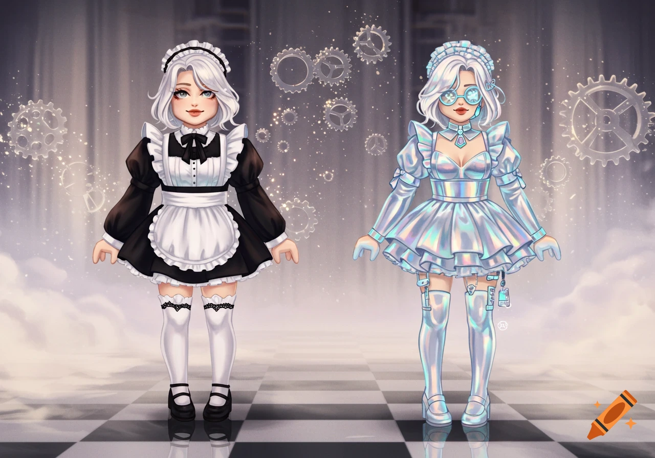 Two stylized female characters resembling Roblox avatars in maid outfits, one black and white, one holographic, on a checkered floor with floating gears.