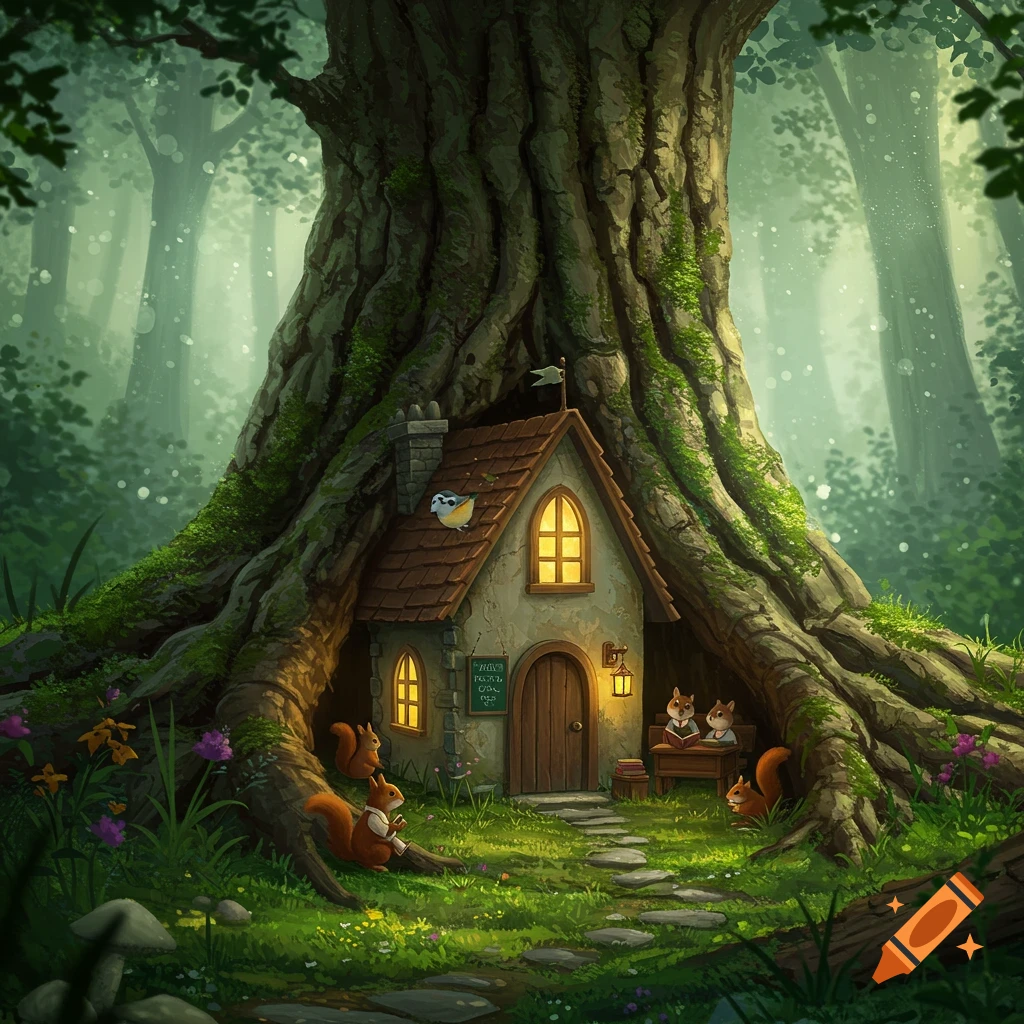 A whimsical illustration of a small house nestled in the roots of a giant tree in a lush green forest, with squirrels.