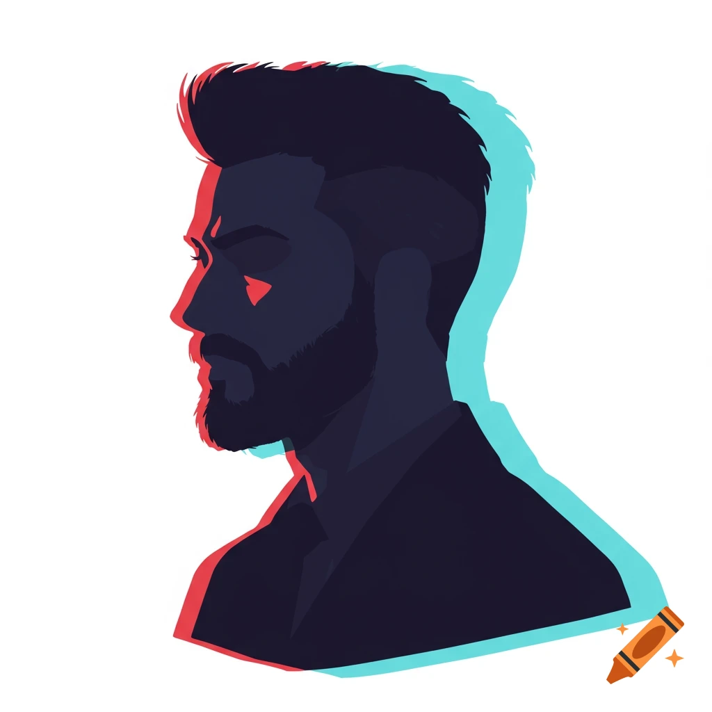 A stylized tri-color silhouette of a man with a beard and mohawk, in profile view.