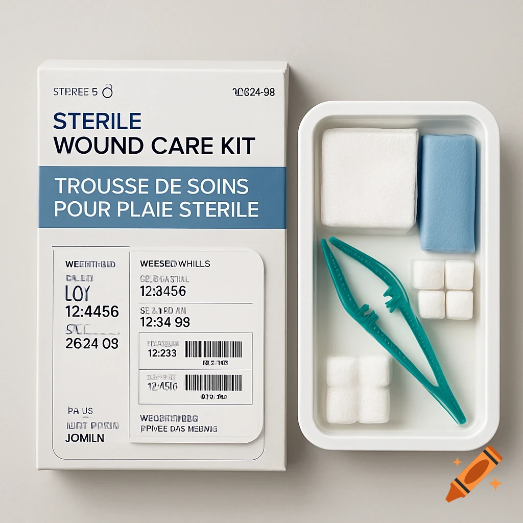 A white sterile wound care kit box with bilingual text next to an open tray containing bandages, cotton pads, and green plastic tweezers.