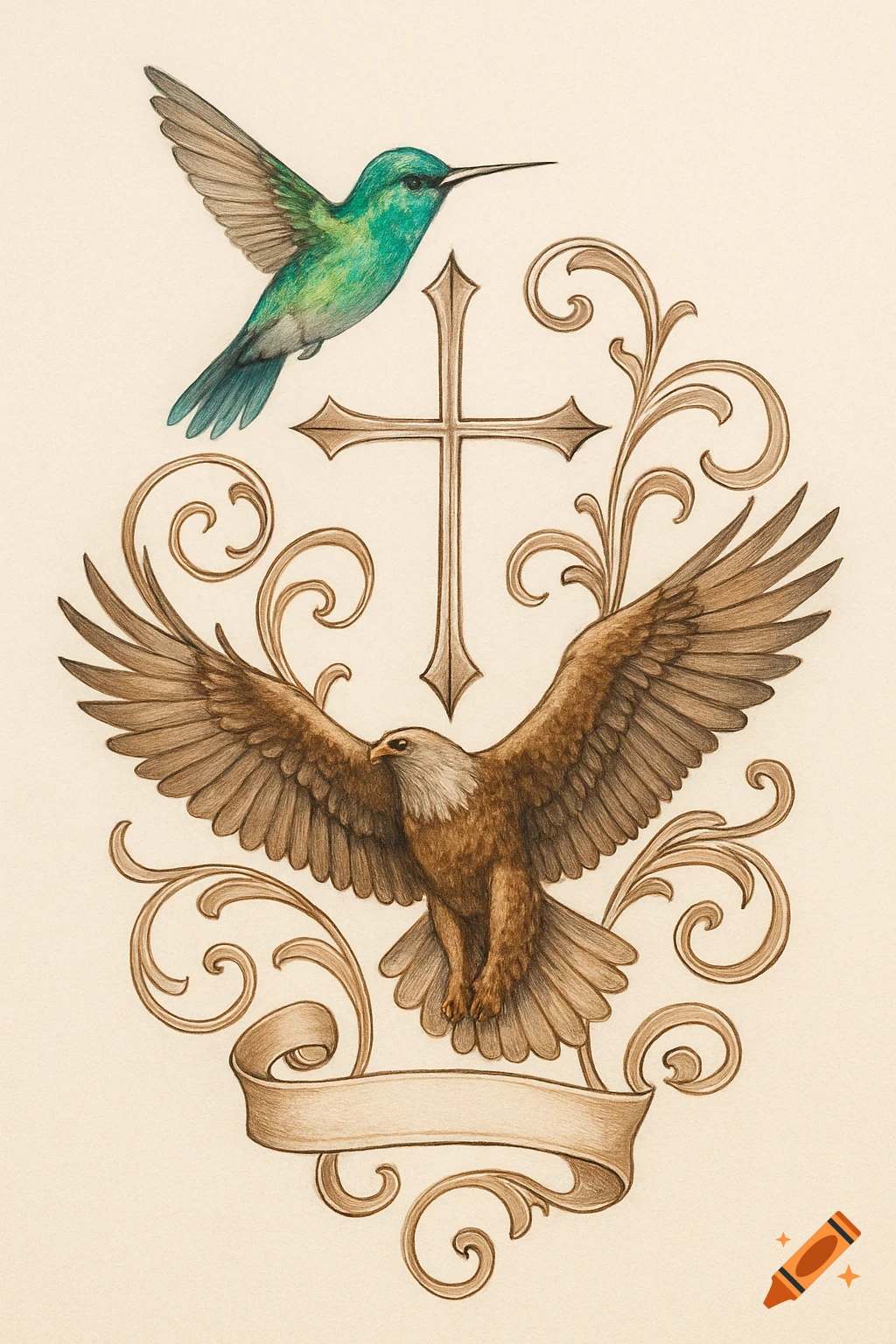 Illustration of a green hummingbird and a brown eagle with spread wings, a cross, ornate scrolls, and a banner.