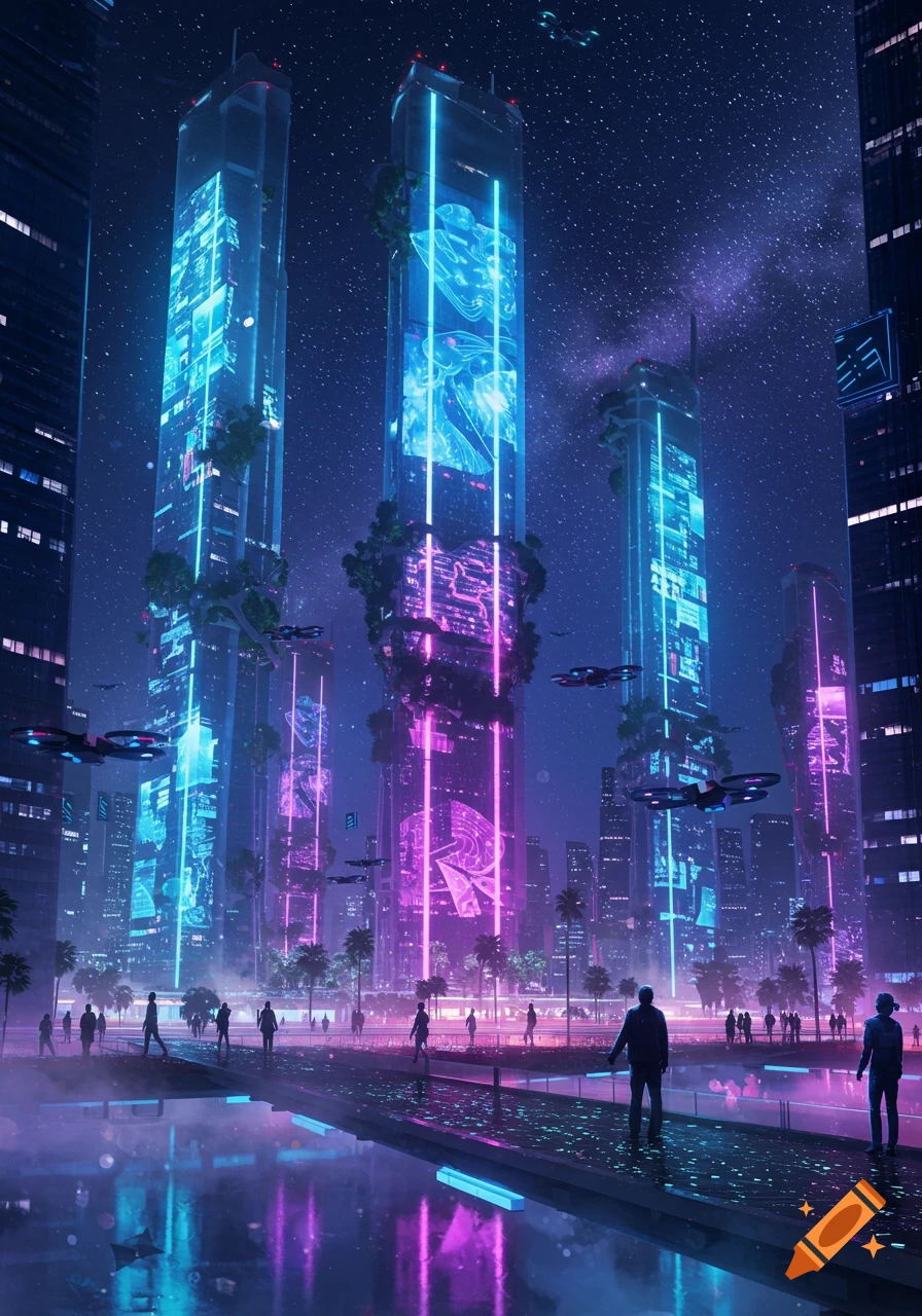 A vibrant cyberpunk city at night with glowing neon skyscrapers, flying drones, and people on a bridge over reflective water.