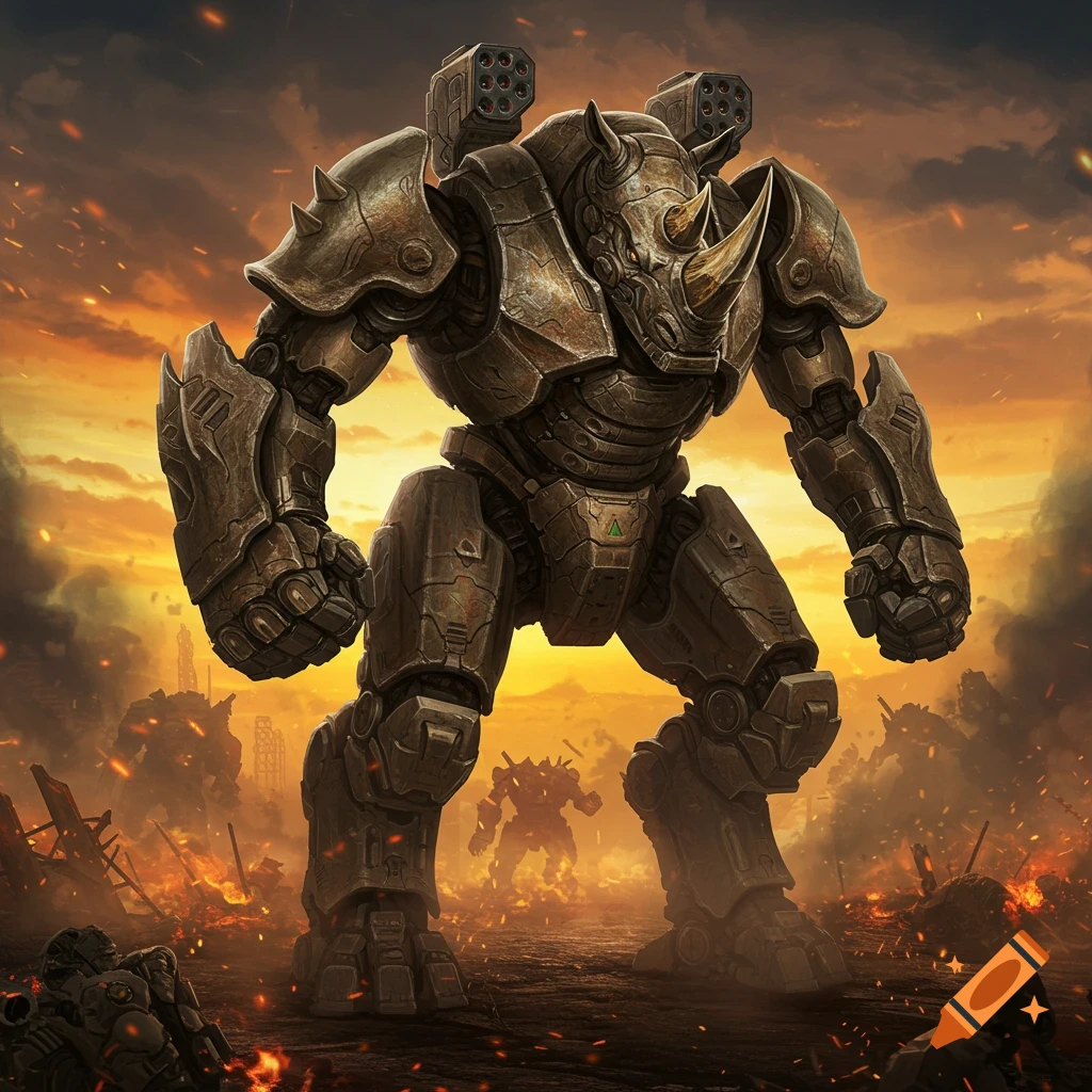 A massive, rusty rhino-inspired mech stands in a fiery, war-torn landscape under a dramatic sky, with other mechs in the background.