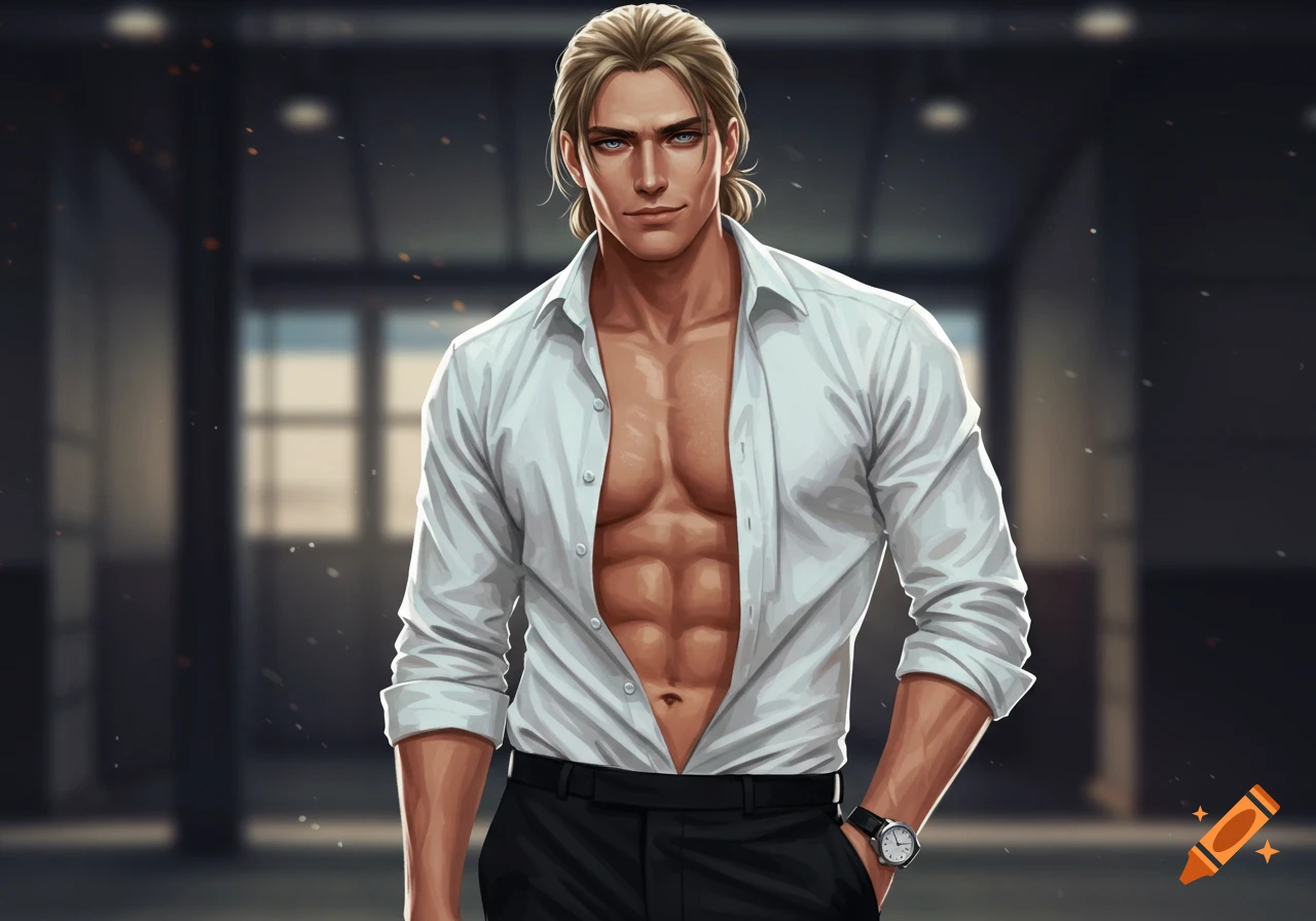 A muscular man with dirty blonde hair and light blue eyes stands in an open white shirt and black pants, wearing a watch, in an anime art style.