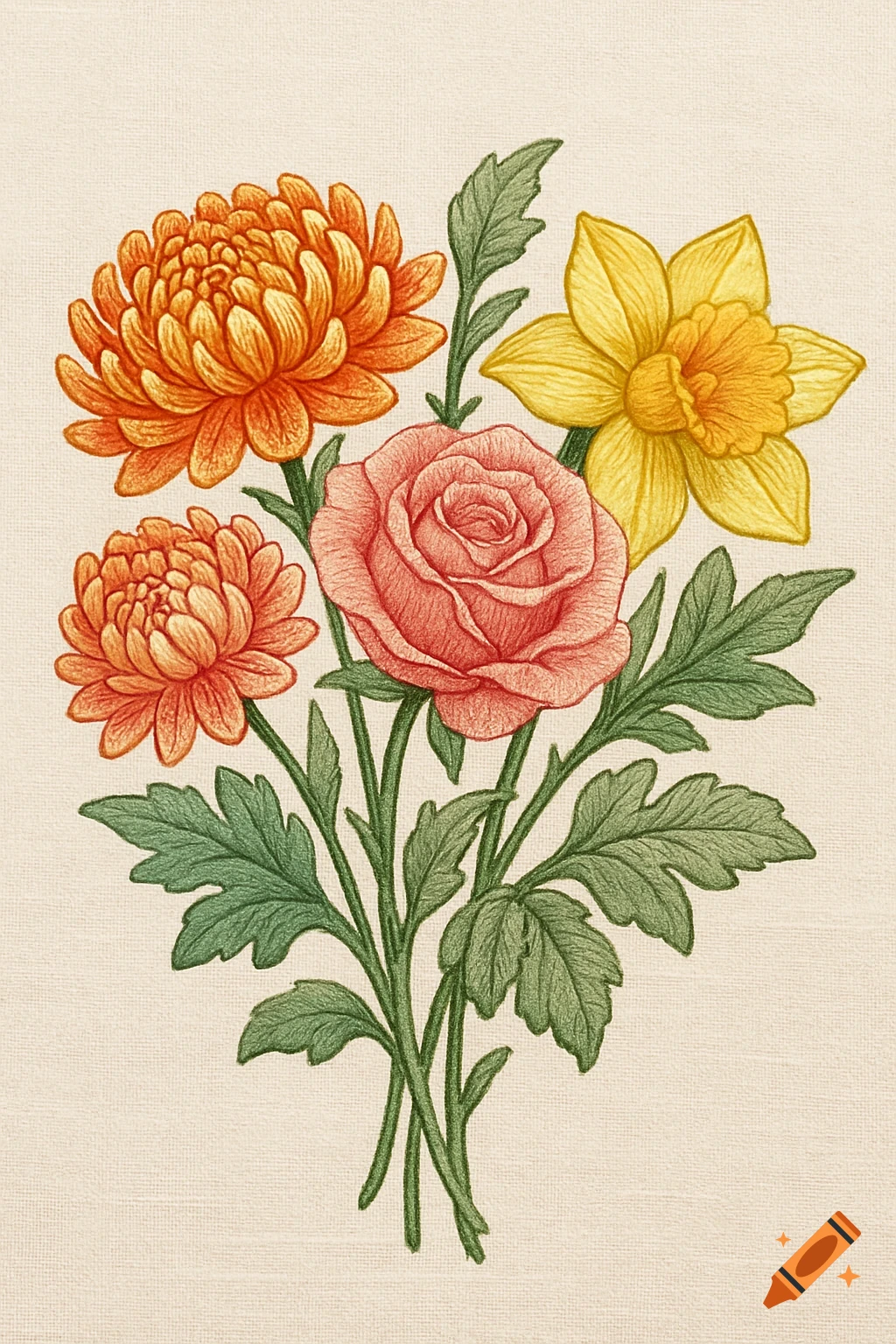 An intricate botanical illustration of a bouquet featuring orange chrysanthemums, a yellow daffodil, and a pink rose with green leaves on a textured background.
