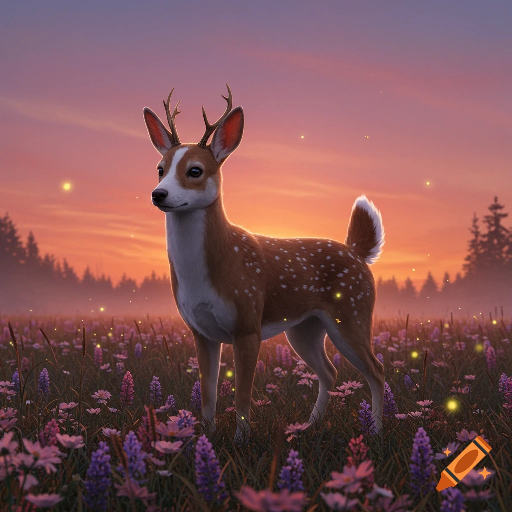 A cute deer-dog-bunny hybrid animal stands in a field of purple flowers at sunset, with glowing fireflies.