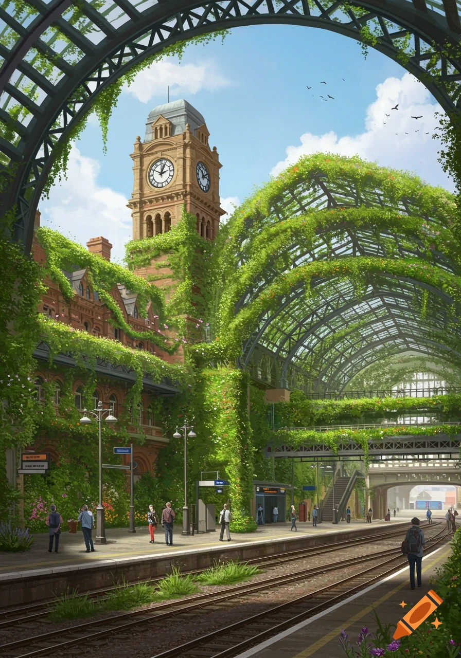 A lush, overgrown railway station with green vines and plants covering the arched glass roof and old brick buildings, under a bright sky. People wait on the platforms.