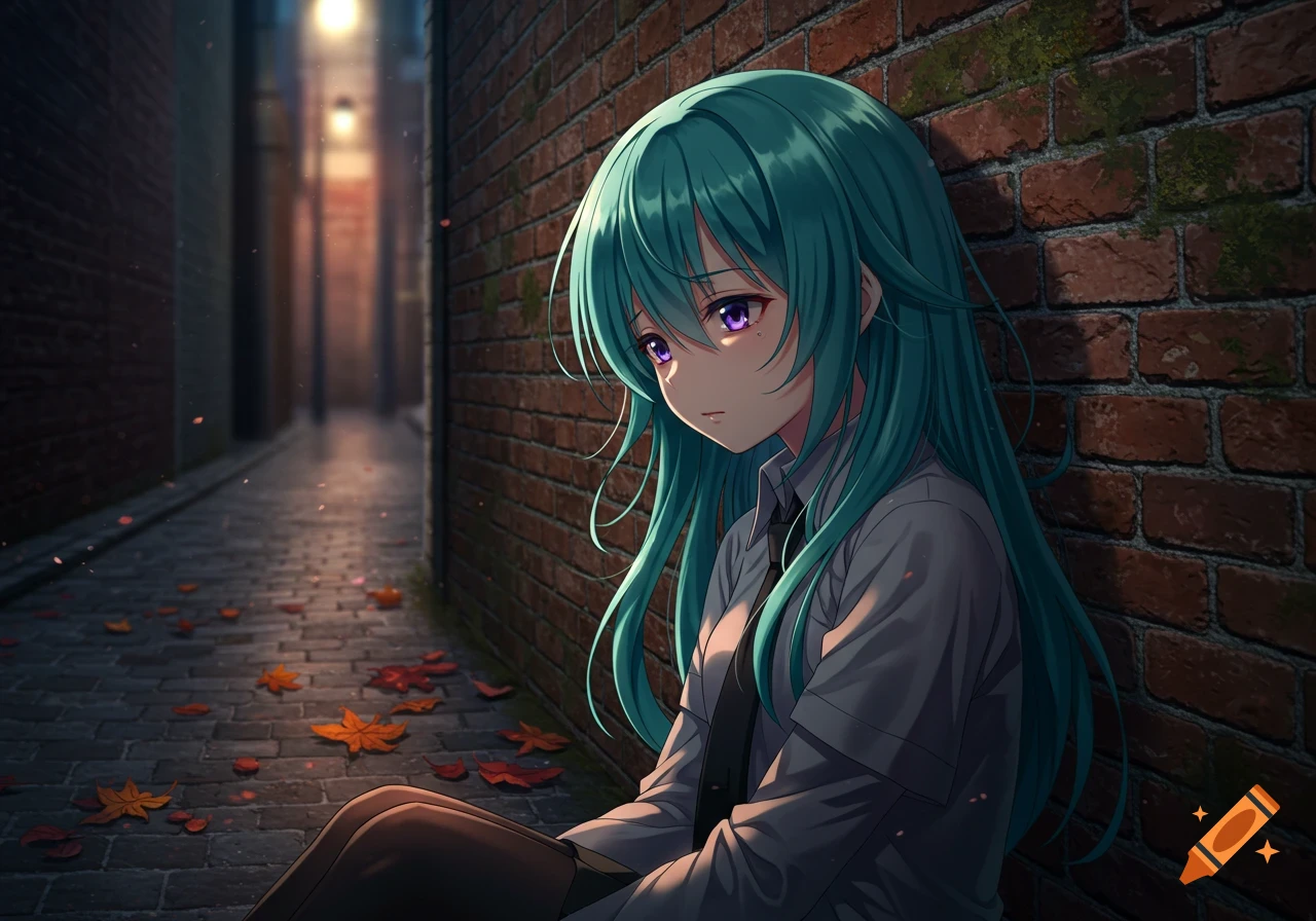 A lonely anime girl with teal hair and purple eyes sits on a cobblestone alley floor, leaning against a brick wall.