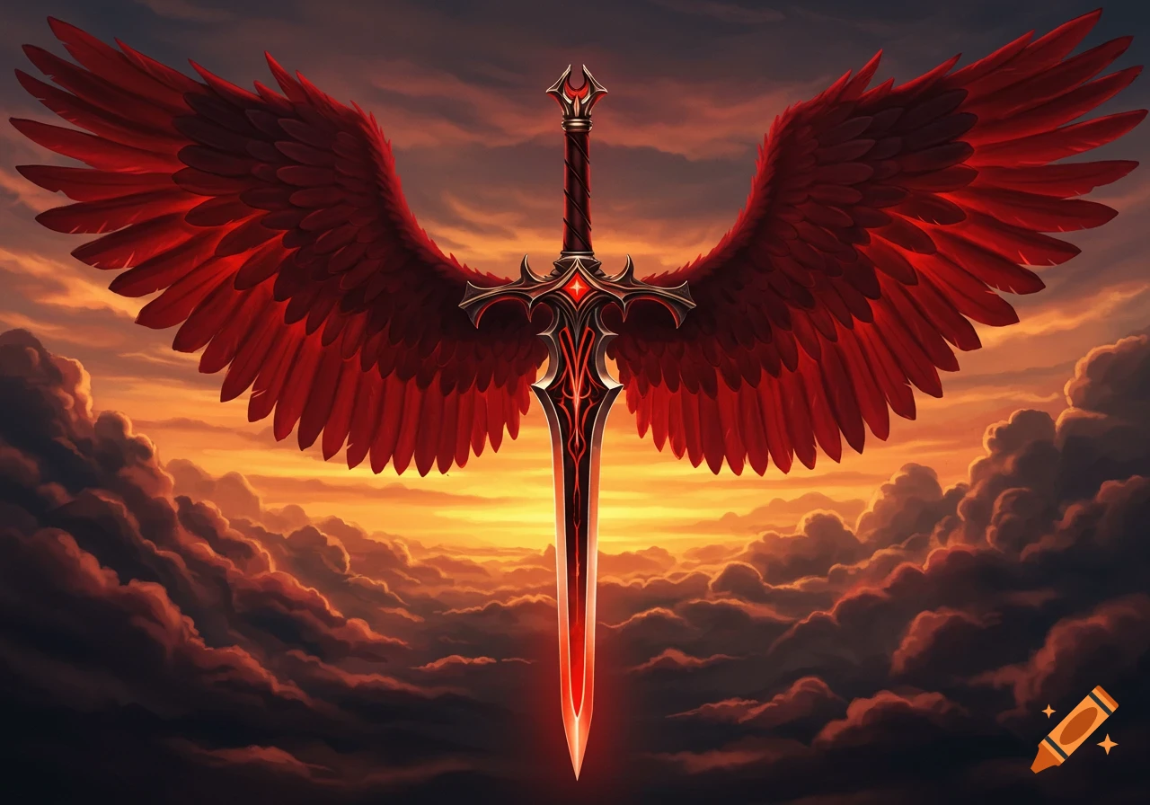 A red-winged sword with a glowing blade stands upright against a fiery orange and dark cloudy sky.