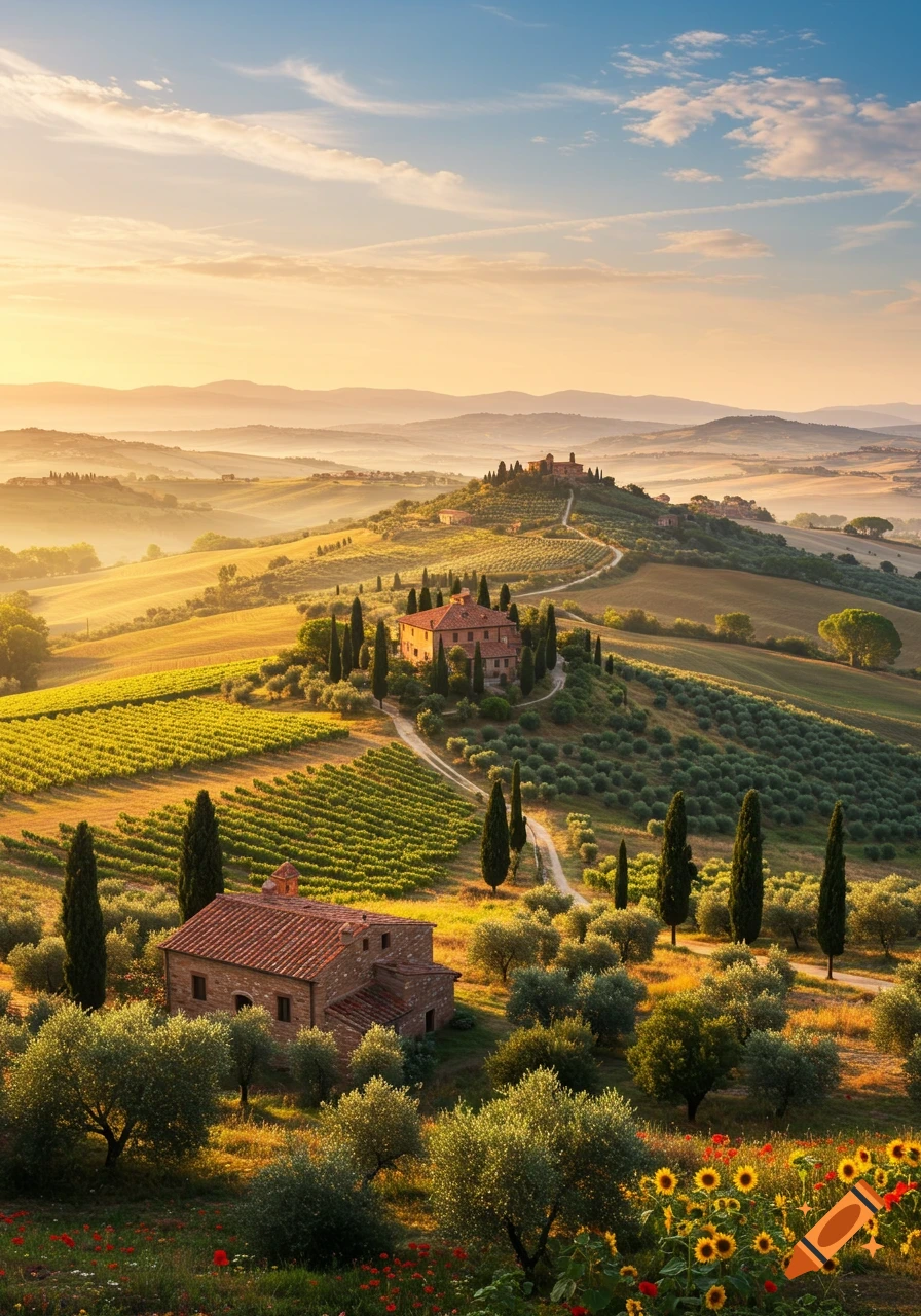 Photorealistic Italian landscape at sunrise with rolling hills, vineyards, olive groves, houses, and sunflowers in golden light.