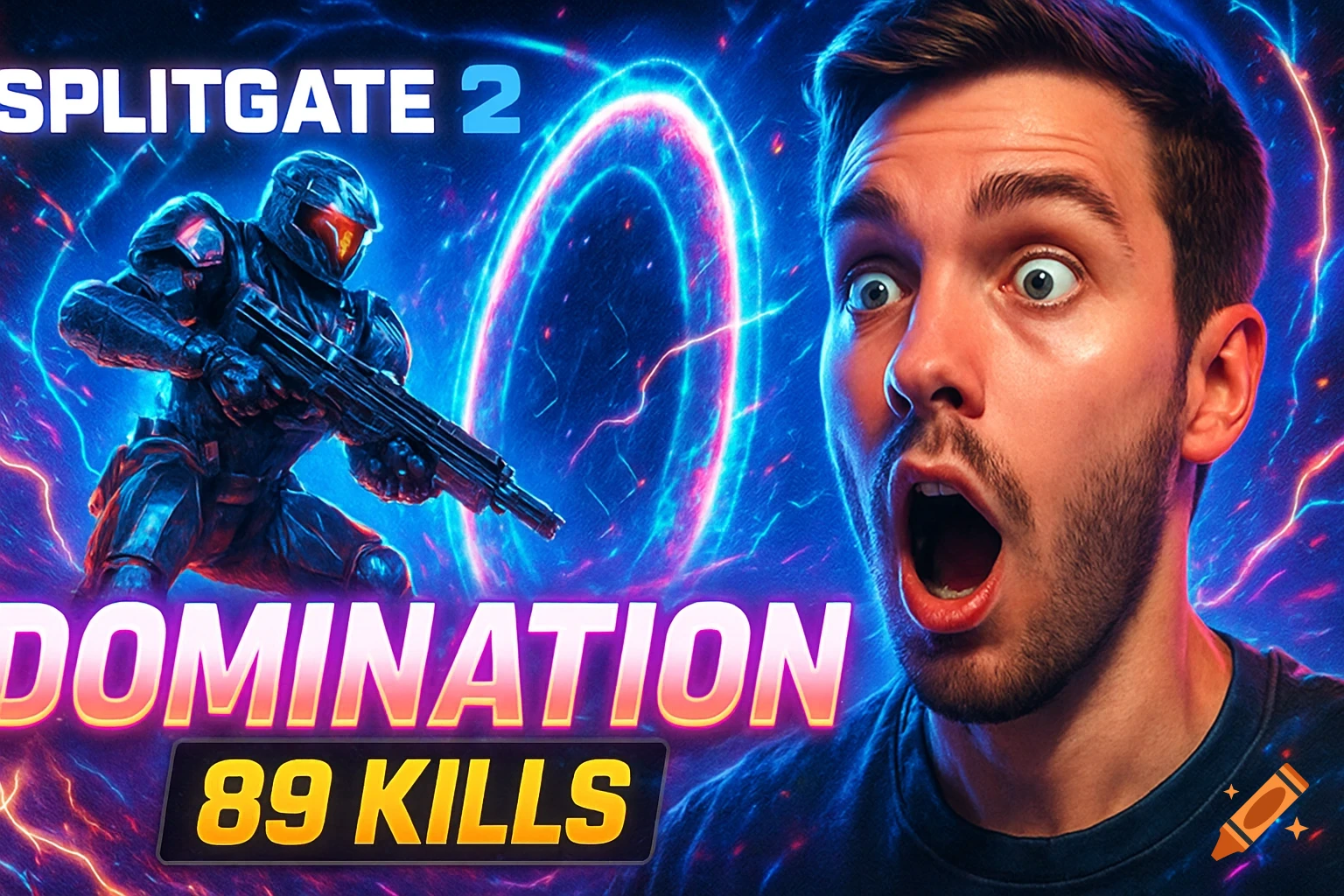 A shocked man and a futuristic soldier with a gun on a blue, glowing background, with text 'SPLITGATE 2', 'DOMINATION', '89 KILLS'.