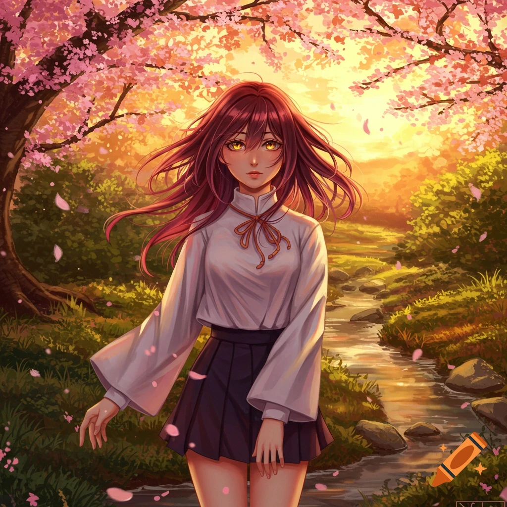 Anime girl with red hair and yellow eyes stands by stream under cherry blossoms at sunset, anime style.