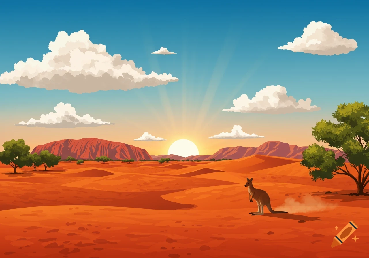 An illustration of a kangaroo in a red desert landscape with Uluru-like mountains and a sunrise.