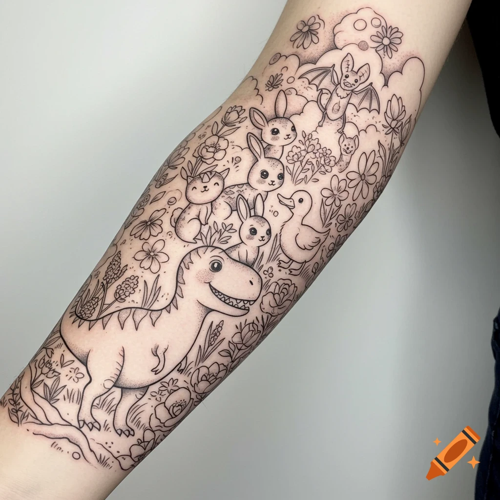 A detailed black and white whimsical tattoo on an arm, featuring a dinosaur, bunnies, a duck, and a bat surrounded by various flowers.