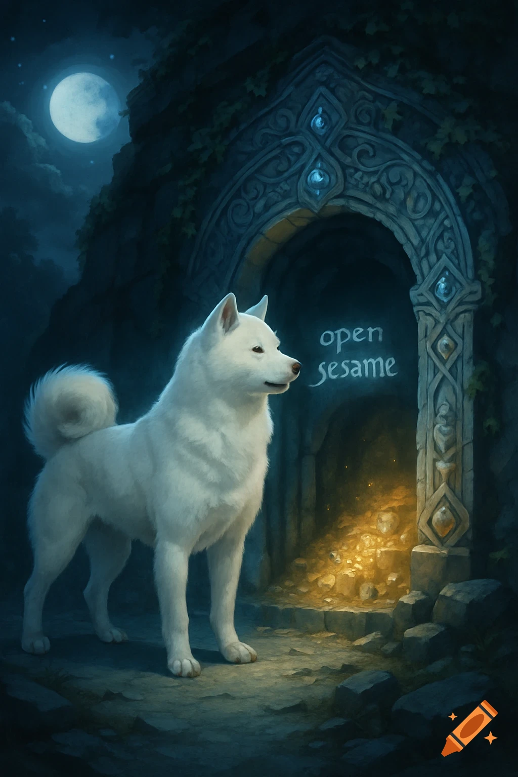 A white Shiba Inu stands before a glowing, magical stone archway at night, revealing a pile of gold inside, with a full moon in the sky.