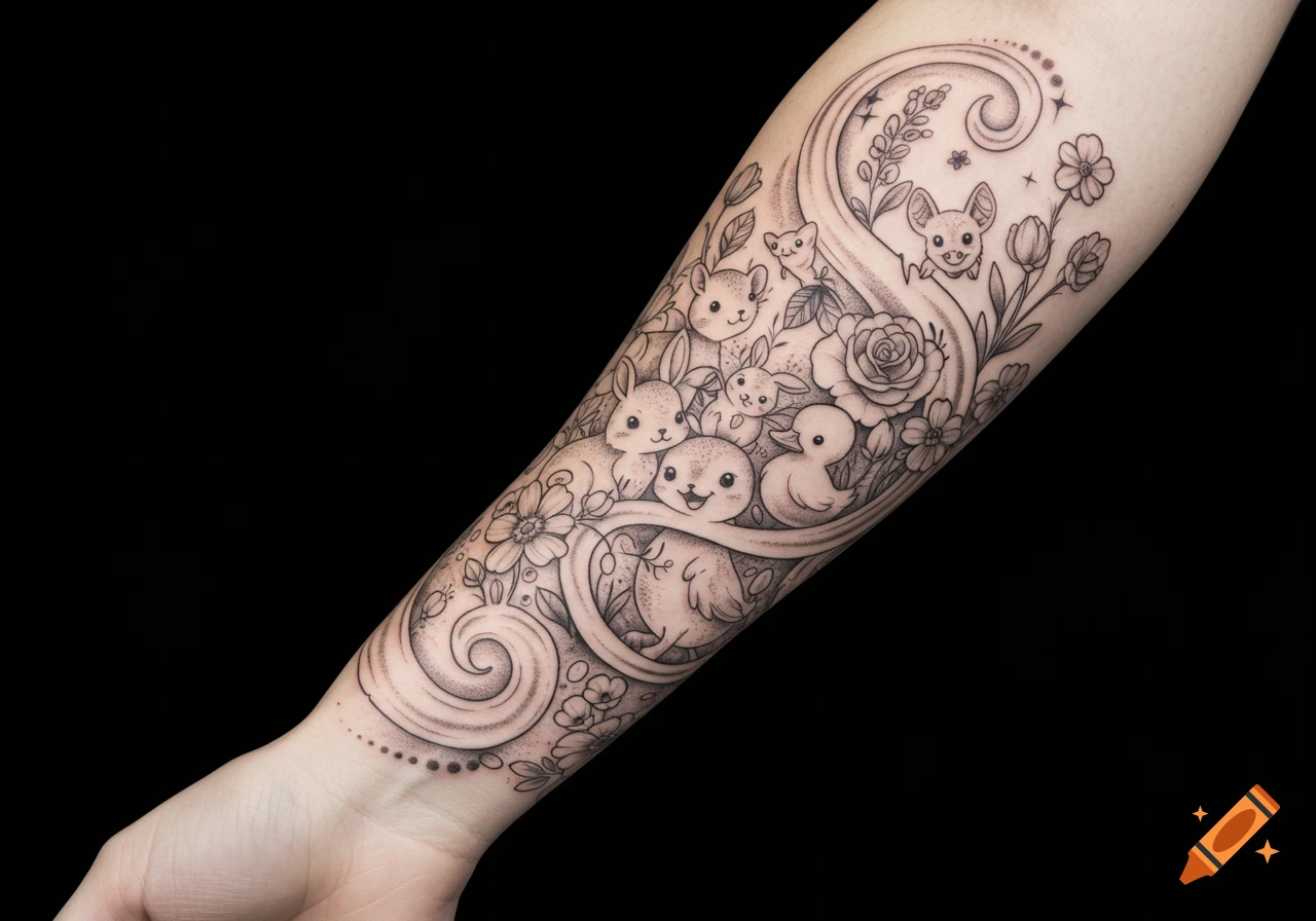 Black and grey forearm tattoo of cute rabbits, ducks, bats, and flowers in a whimsical garden style.