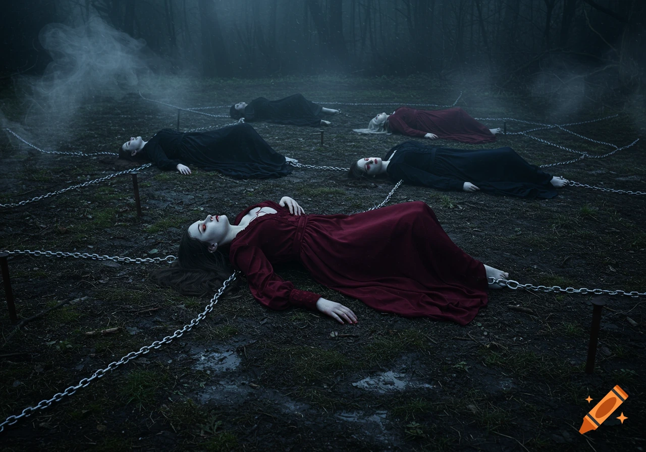 Photorealistic scene of multiple figures in long red and black gowns lying chained on muddy ground in a misty, dark forest.