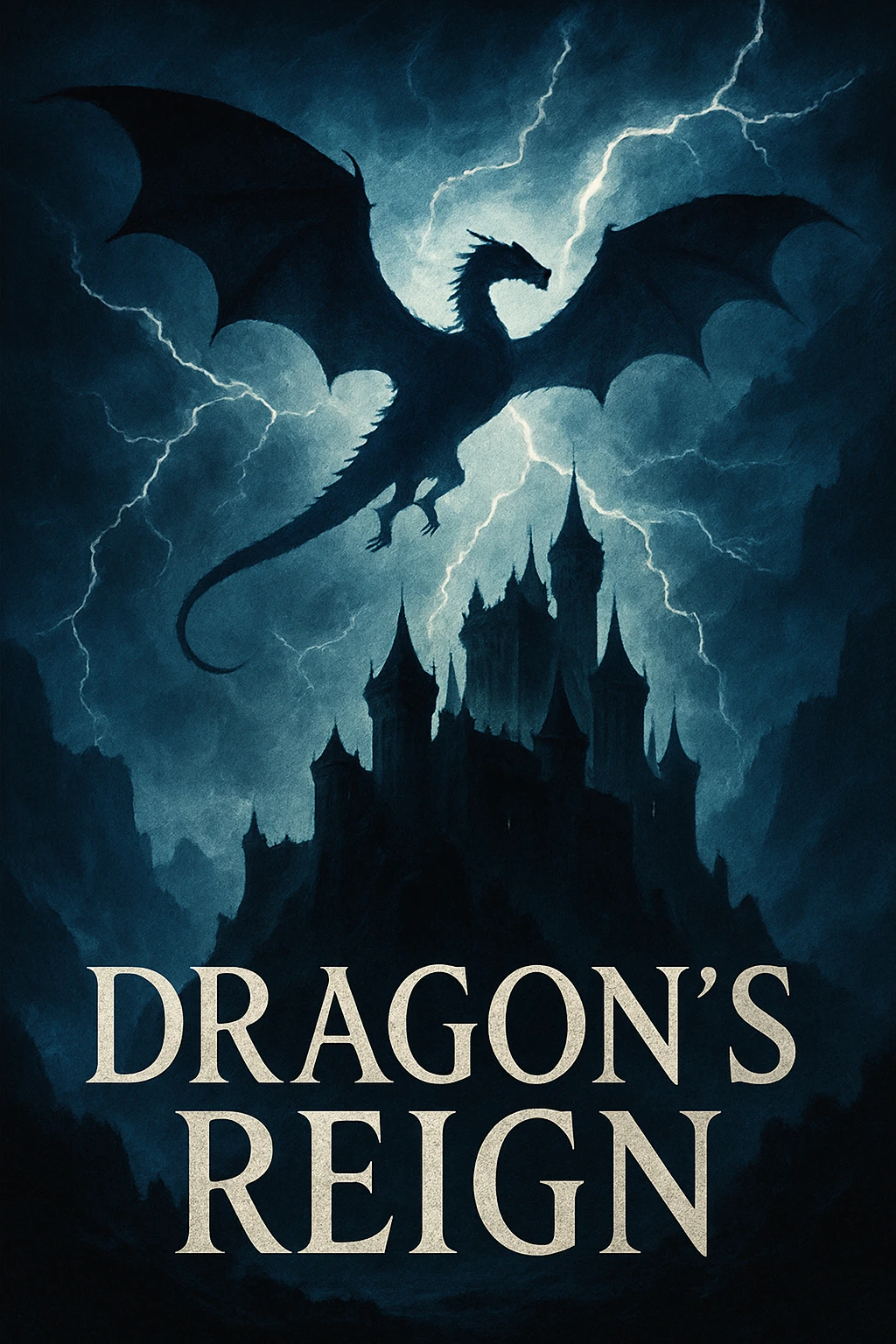 epic fantasy book cover titled Dragon's Reign with dragon silhouette against stormy sky and ancient castle