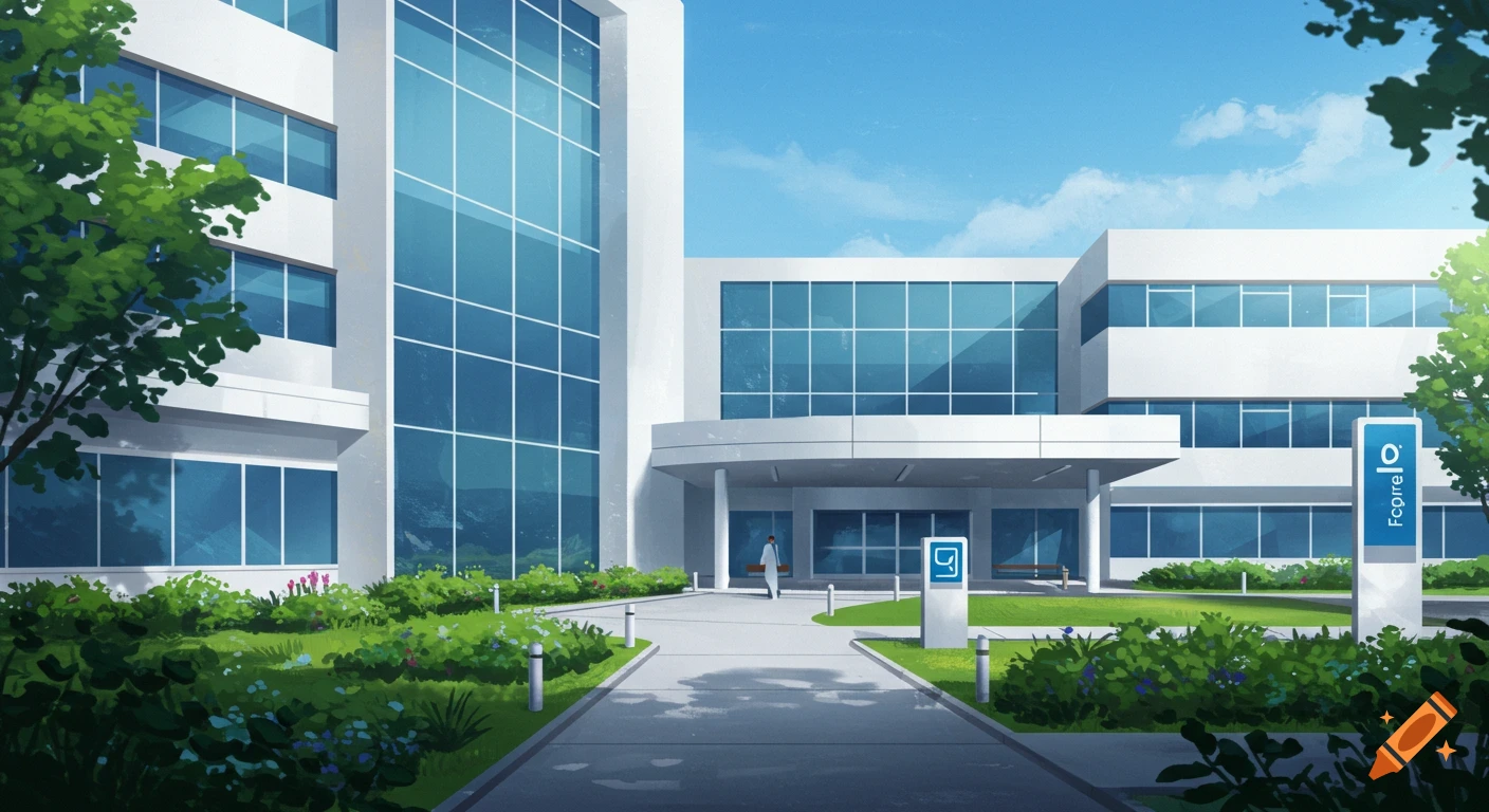 A modern white building with large blue glass windows, surrounded by green landscaping under a bright sky, with a person walking towards the entrance.