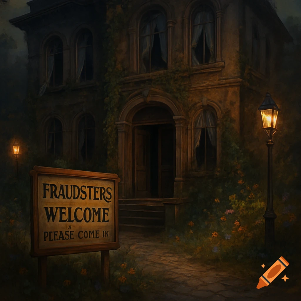 A dark, old house at night with a sign saying 'FRAUDSTERS WELCOME PLEASE COME IN' on a path lit by lampposts.
