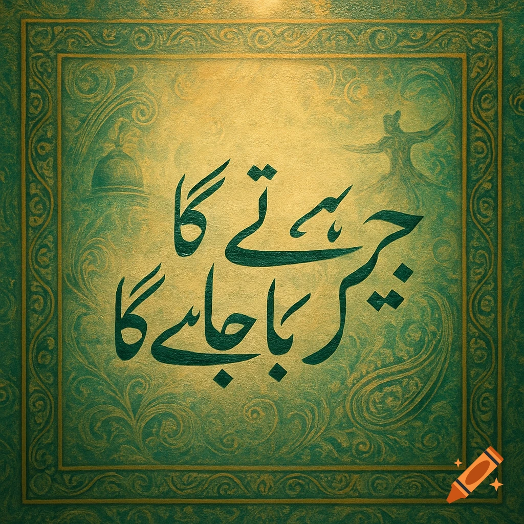 Green and gold wall art with Urdu calligraphy, subtly featuring a dome and a whirling dervish figure.
