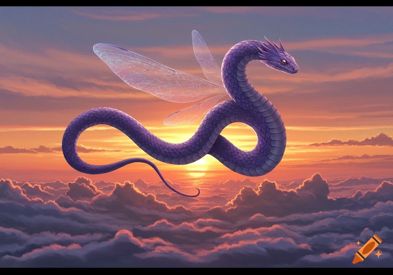 A vibrant purple winged snake with intricate scales flies gracefully above clouds during a dramatic sunset.