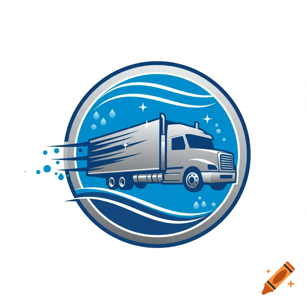 A stylized logo featuring a grey semi-truck with motion lines in a blue circle, surrounded by water drops and sparkles, suggesting cleaning.