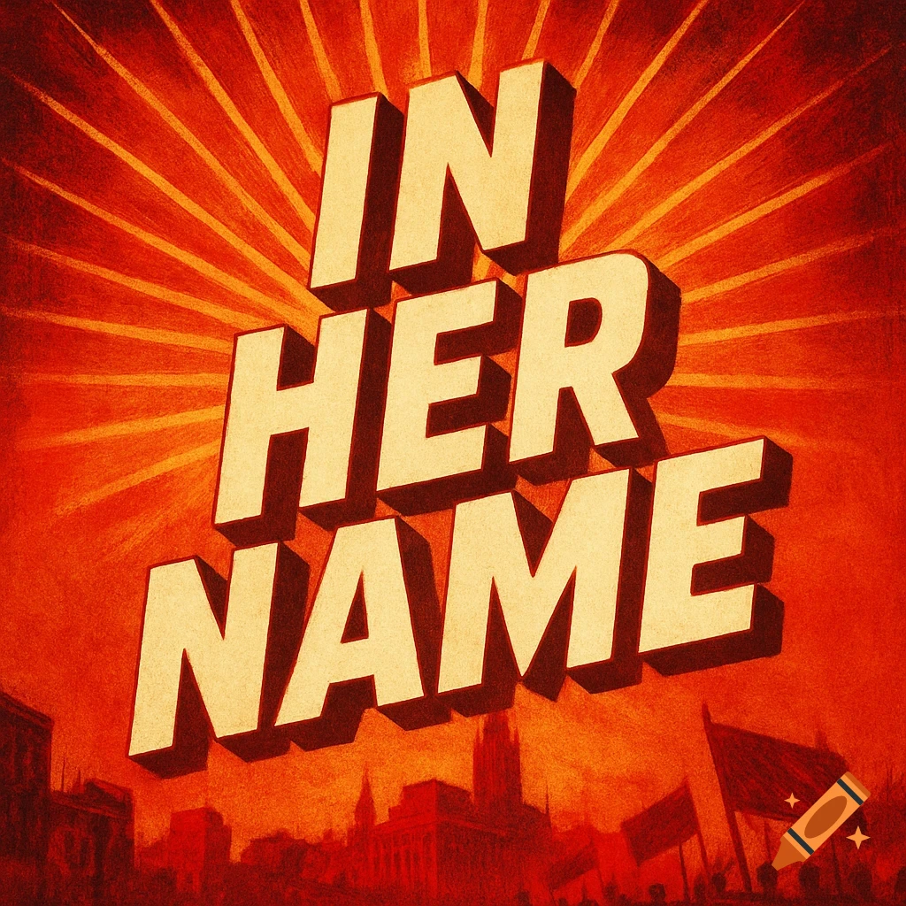 A vintage-style propaganda poster with large, bold text "IN HER NAME" over a red and orange sunburst and a dark city silhouette.