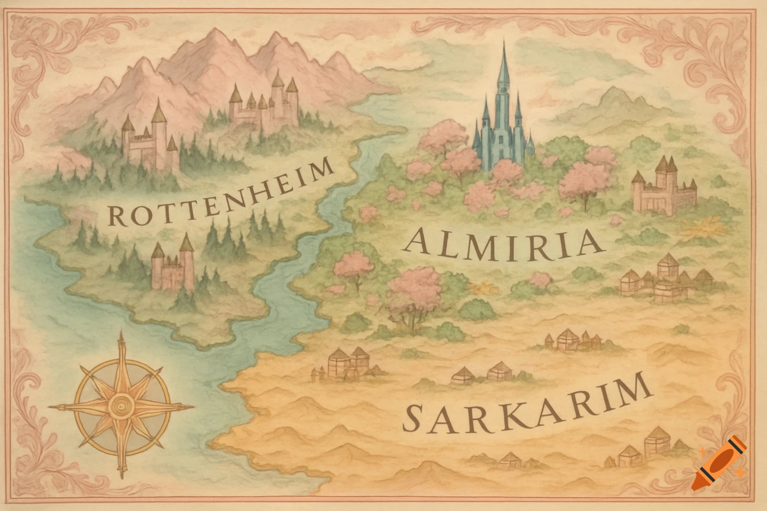 A romantic style fantasy map in soft pastel colors, featuring Rottenheim, Almiria, and Sarkarim, with castles, mountains, rivers, and a compass rose.