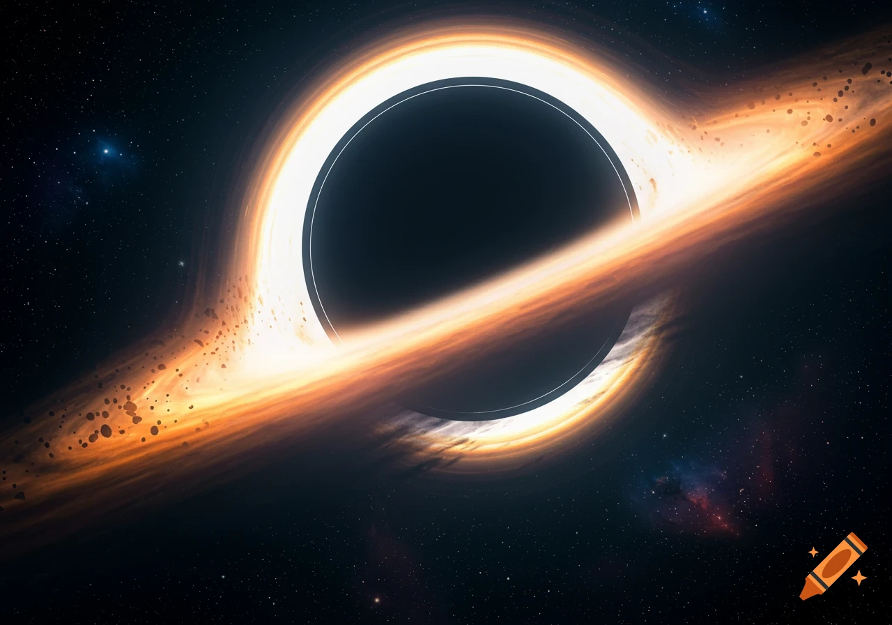 A black hole with a bright orange and white accretion disk, set against a dark, star-filled cosmic background.