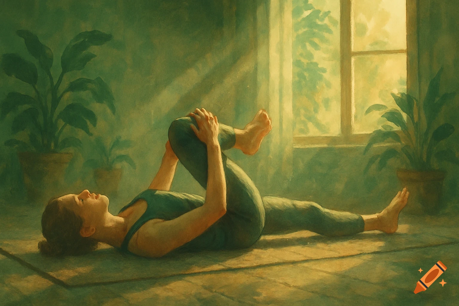 A woman in green activewear lies on a yoga mat, stretching one knee to her chest in a sunlit room with potted plants, in a soft, painterly style.