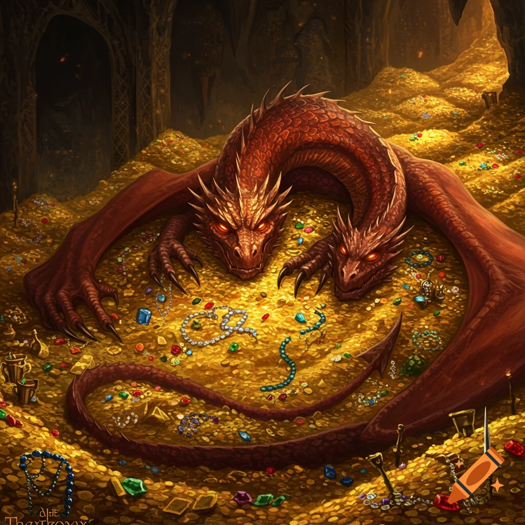A two-headed red dragon with glowing eyes lies on a huge pile of gold coins and colorful gems inside a dark cave.