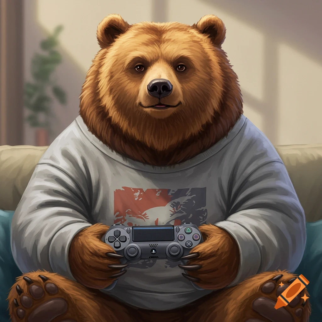 A digital illustration of a brown bear wearing a grey sweatshirt, holding a PlayStation controller and looking at the viewer.