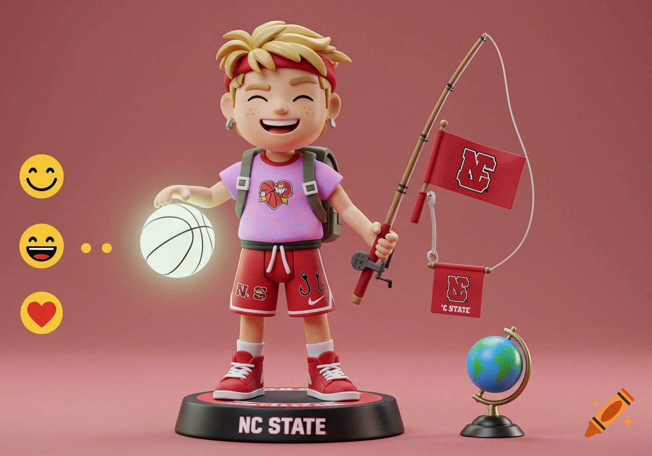 A 3D render of a smiling, sporty action figure with blonde hair, red headband, pink shirt, red shorts, and red sneakers. He holds a glowing basketball and a fishing rod with NC State flags. A display stand reads 'NC STATE' and emojis are on the left.