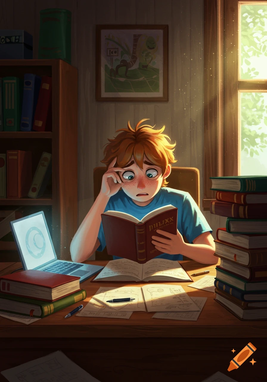 An illustrated red-haired boy with a worried expression studies a book at a desk overflowing with books and a laptop.