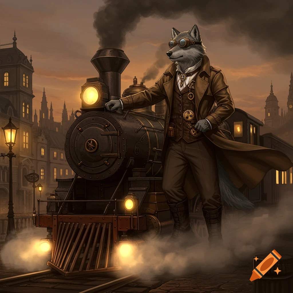 An anthropomorphic grey wolf in steampunk goggles and a trench coat stands next to a steam locomotive in an old city at dusk, digital art.