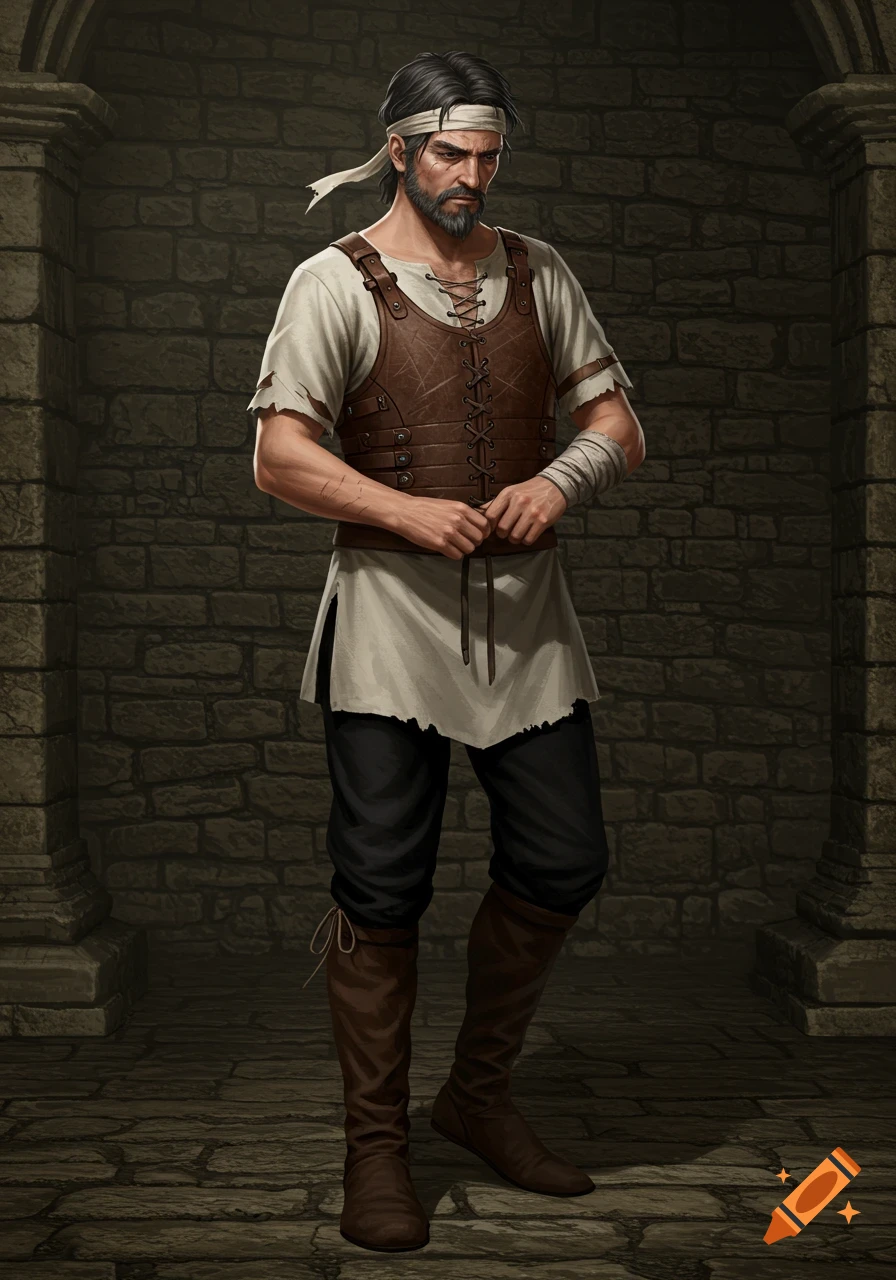 A bearded man wearing a white tunic, brown leather breastplate, black trousers, and brown boots, with a white headband and a bandaged arm, standing against a stone wall.
