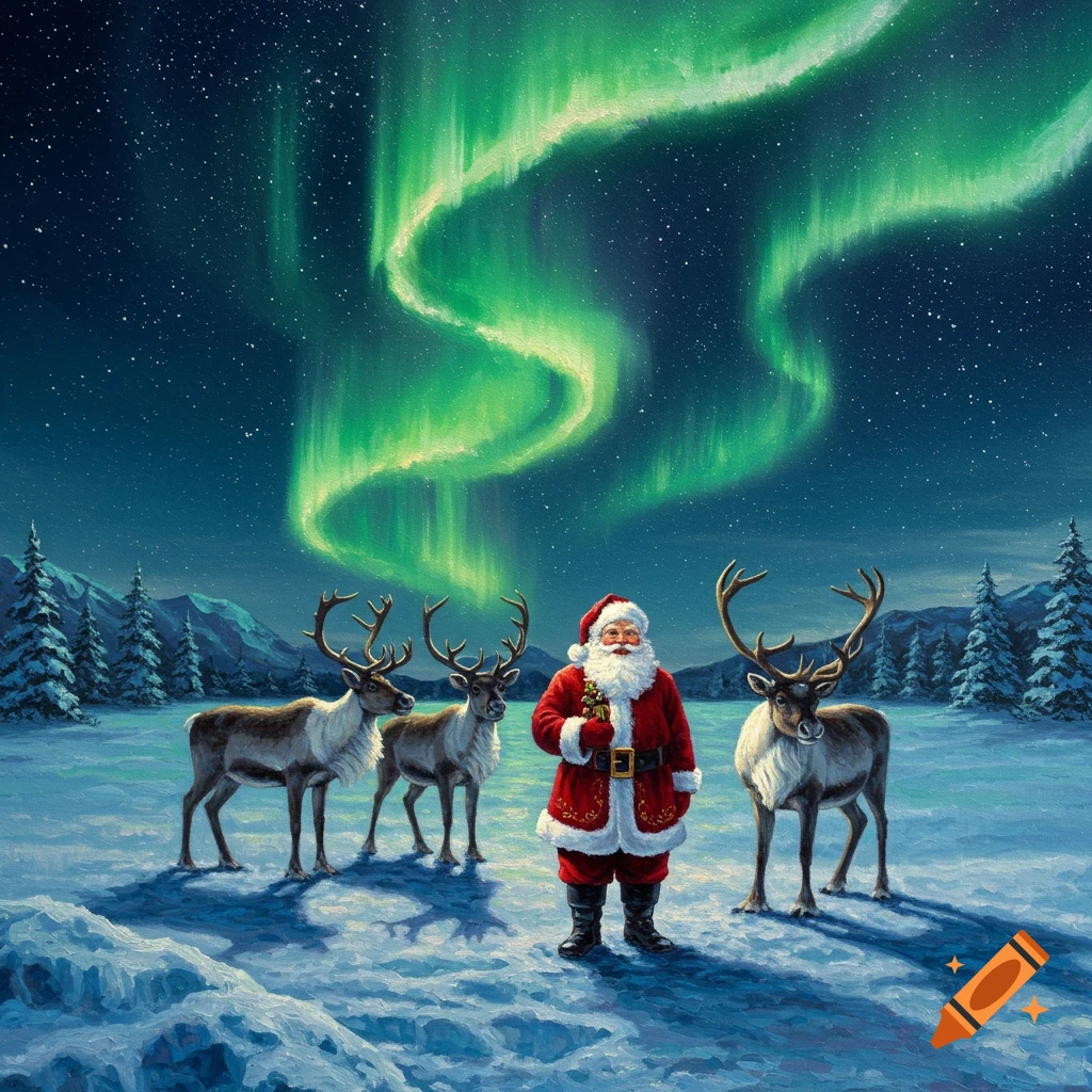 Santa Claus and three reindeer stand in a snowy landscape under a vibrant green aurora borealis in an oil painting style.