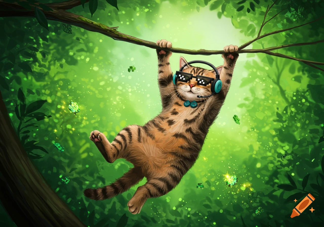 A cute cartoon tabby cat with gamer headphones and pixelated glasses hangs from a tree branch in a vibrant green forest.