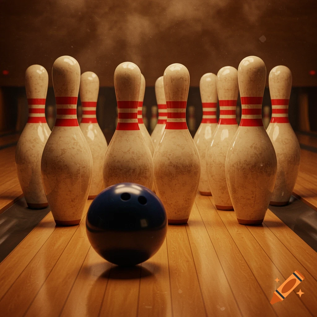 A close-up view of a blue bowling ball positioned in front of a full set of white and red bowling pins on a wooden lane, with a brownish, vintage undertone.