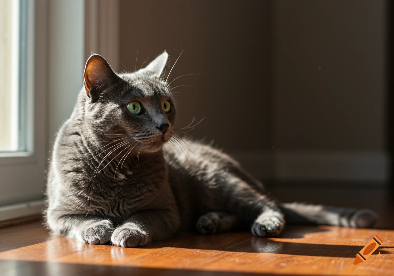A gray cat with bright green eyes lies on a sunlit wooden floor near a window, looking alert.