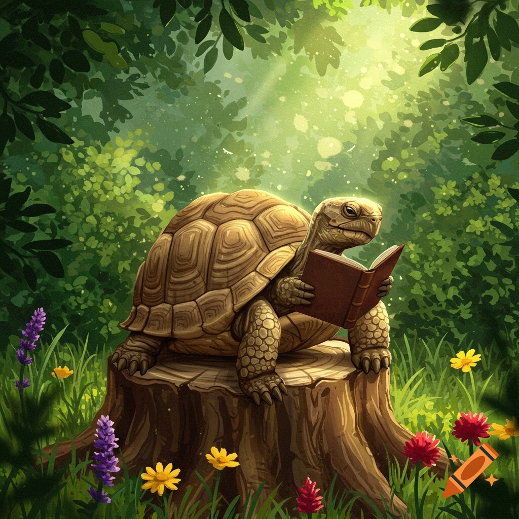 A tortoise sits on a tree stump in a lush green forest, engrossed in reading a brown book. Light filters through the leaves.