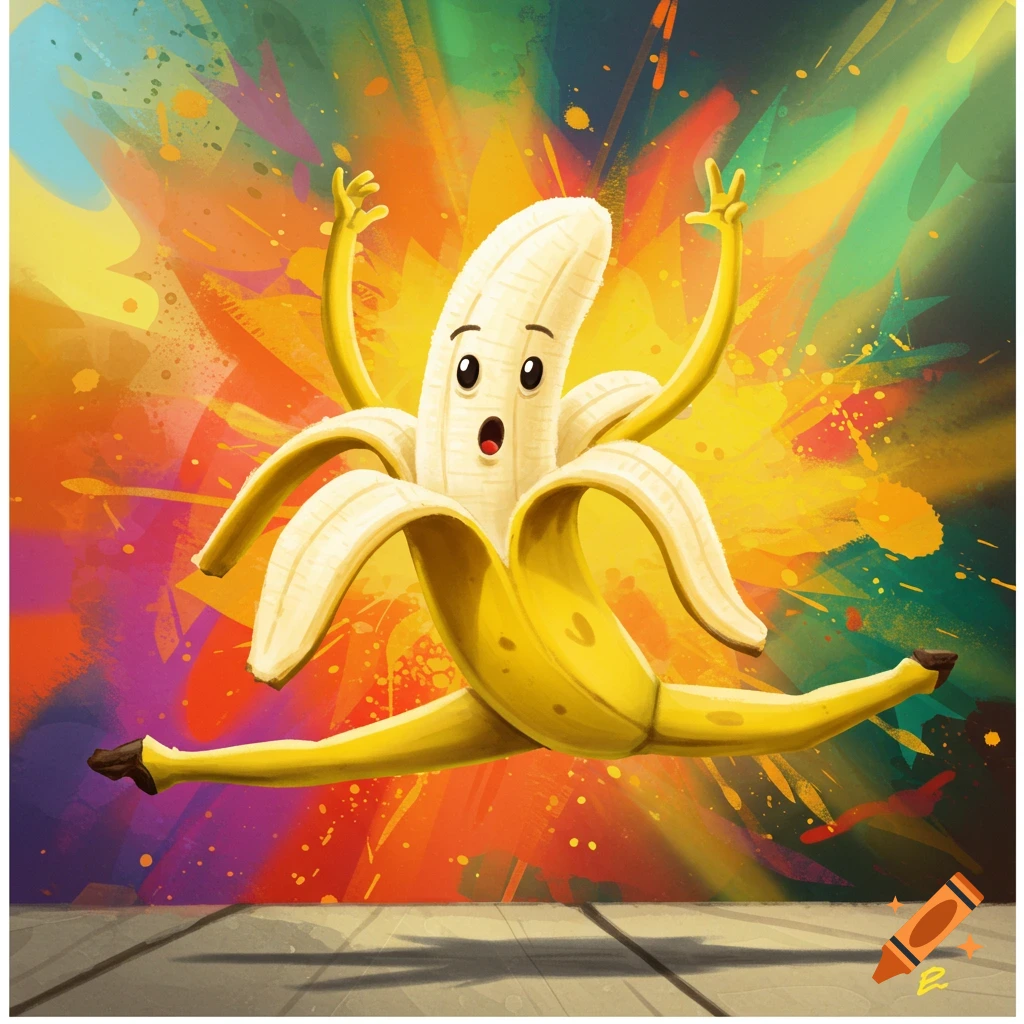 A cartoon banana character doing the splits, set against a vibrant, colorful abstract background with paint splatters.